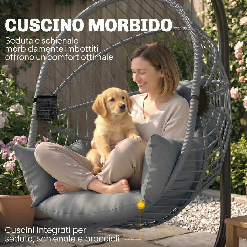Outsunny Silla Colgante Huevo con Soporte con Cesta Plegable Cojín y Reposacabezas para Interior y Exterior Carga 120 kg Gris