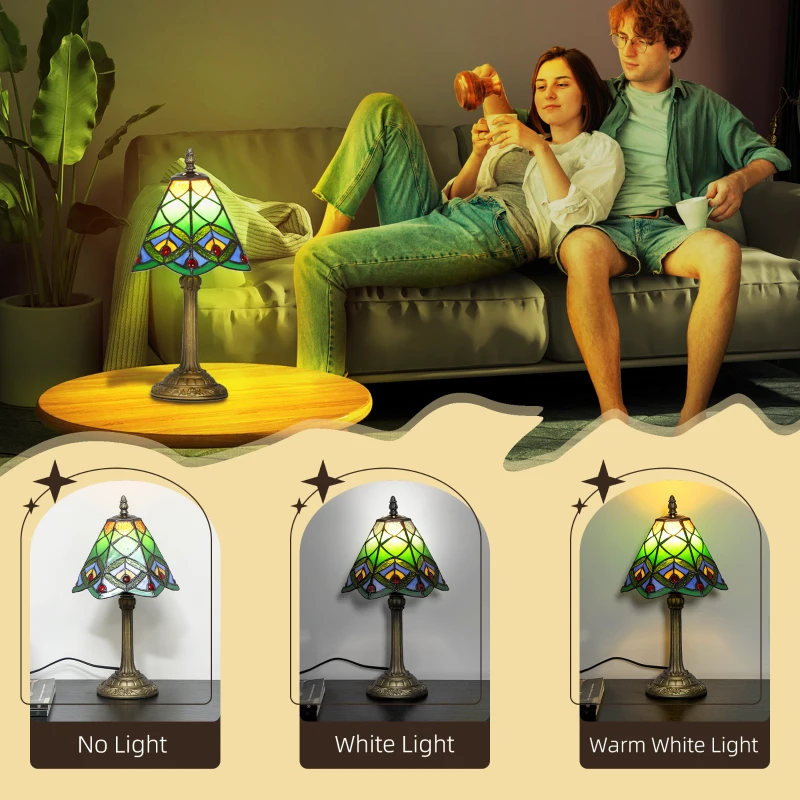 HOMCOM Tiffany-Style Table Lamp with Geometric Patterns, Handcrafted Antique Stained Glass Bedside Lamp for Living Room and Bedroom, E27 Socket, Green