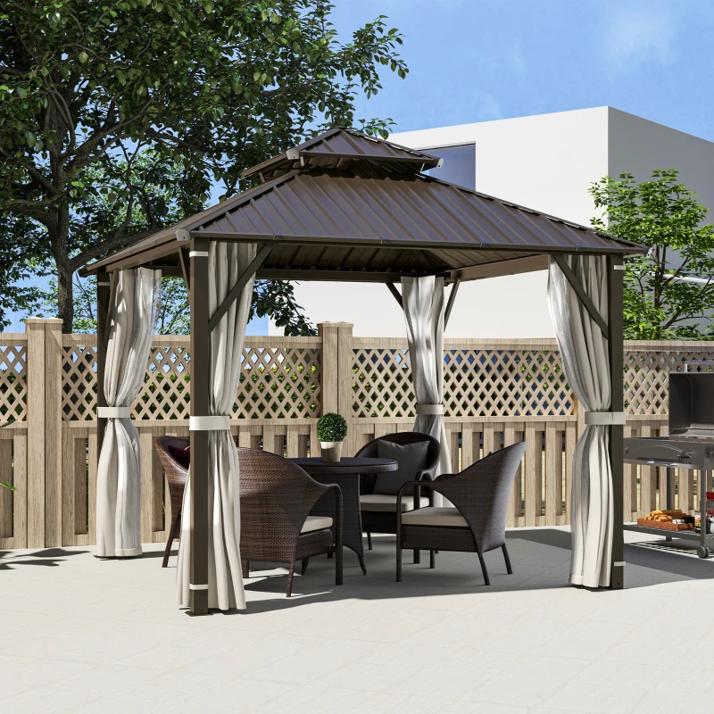 Outsunny 3 x 3(m) Hardtop Gazebo Canopy with Double Metal Roof, Waterproof Permanent Pavilion Garden Gazebo with Netting and Curtains, Easy to Assemble, Beige