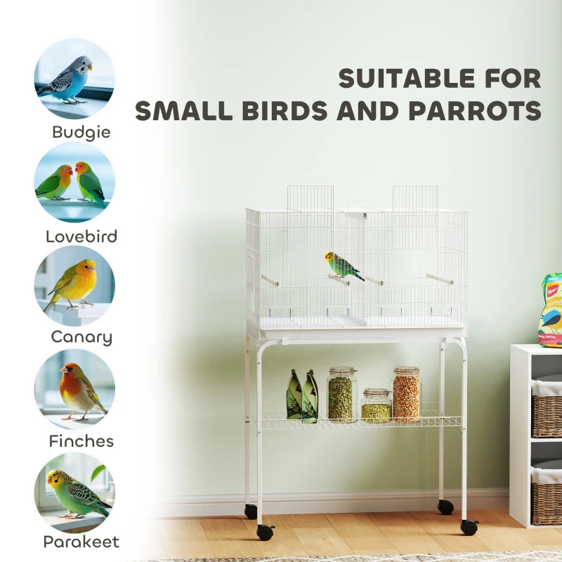 PawHut Bird Cage with Divider, 4 Wooden Perches, Slide Out Tray, 4 Feeders, for Budgie, Lovebird, Canary, 76 x 46 x 116cm White