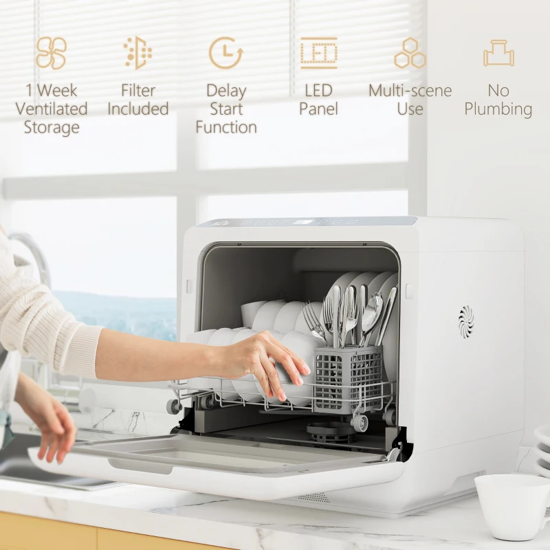 HOMCOM 6L Five-Mode Tabletop Dishwasher - White
