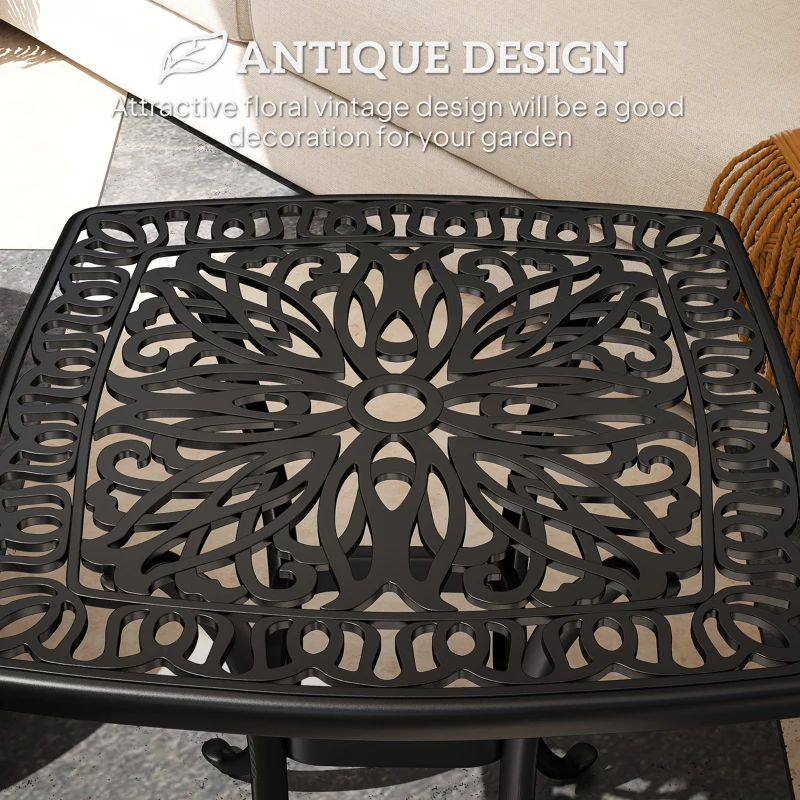 Outsunny Outdoor Garden Table, Cast Aluminium Patio End Table with Umbrella Hole and Anti-slip Foot Pads for Garden, Patio, Balcony, 54 x 54 cm, Black