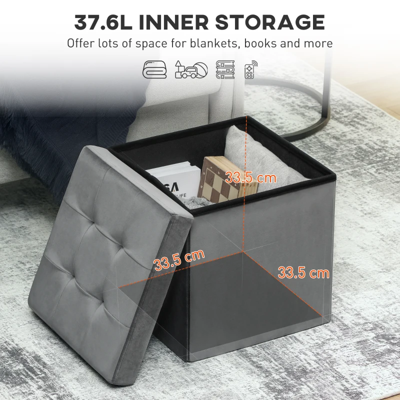 HOMCOM Foldable Velvet-Feel Storage Ottoman - Grey