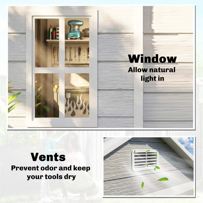 Outsunny 6 x 5ft Garden Shed, Plastic Shed with Floor, Window, Lockable Doors and Vents, Wood Effect Resin Tool Shed for Outdoor Patio, Light Grey