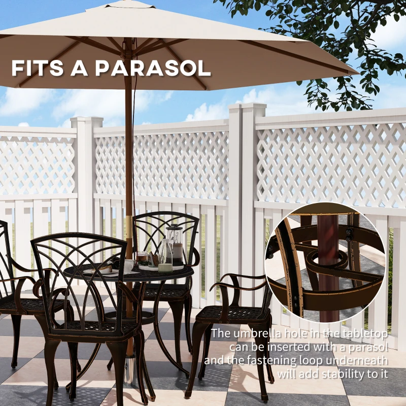 Outsunny 5 Pieces Garden Dining Set for 4, Cast Aluminium Outdoor Dining Set with 4 Armchairs and Round Dining Table with Parasol Hole, Garden Furniture Bistro Set, Bronze Tone
