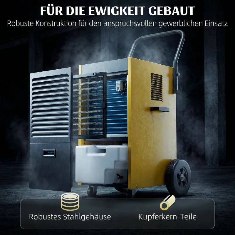 DURHAND Gewerbe-Luftentfeuchter 70L/Tag mit Rädern und Griff, kontinuierlicher Ablaufschlauch, 24-Stunden-Timer, 5,5L Tank, Gelb