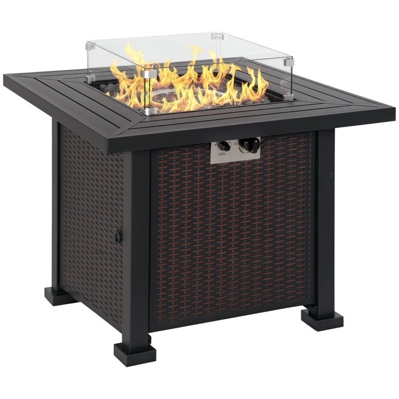 Outsunny Square Propane Gas Fire Pit Table, 50000 BTU Rattan Smokeless Firepit Patio Heater with Glass Screen, Glass Beads and Lid, 81cm x 81cm x 64cm, Black