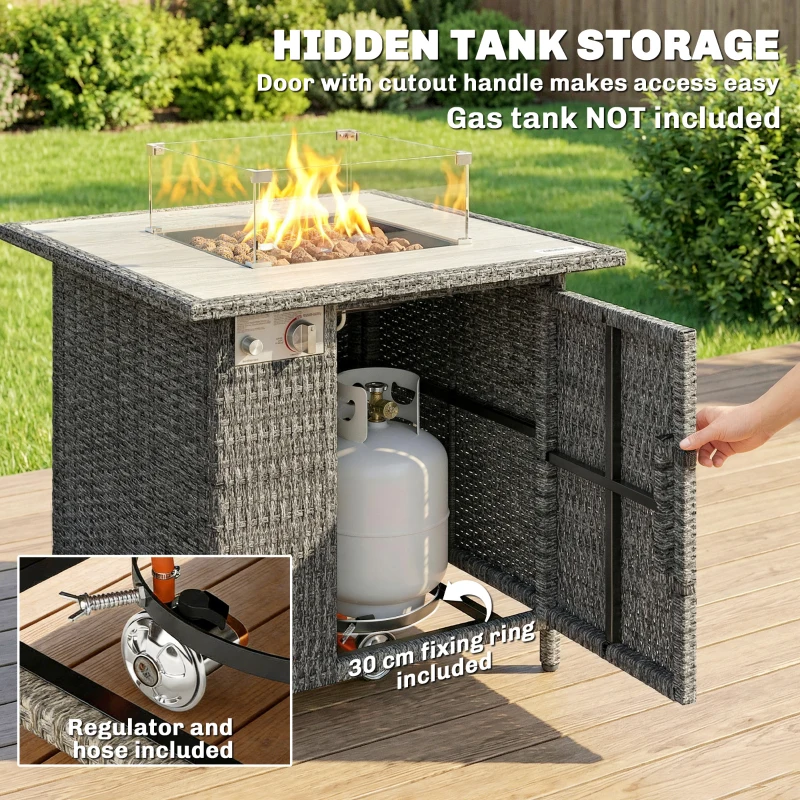 Outsunny 14.5 KW Rattan Gas Fire Pit Dining Table with Rain Cover, Wind Guard, Lid, Lava Rocks, Dark Grey