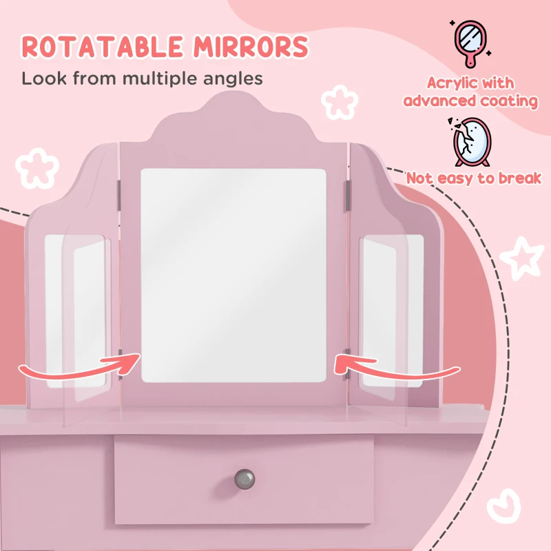 HOMCOM Kids Vanity Table and Chair Set with Tri-Folding Mirror and Stool, Makeup Dressing Table with Drawer, Pink