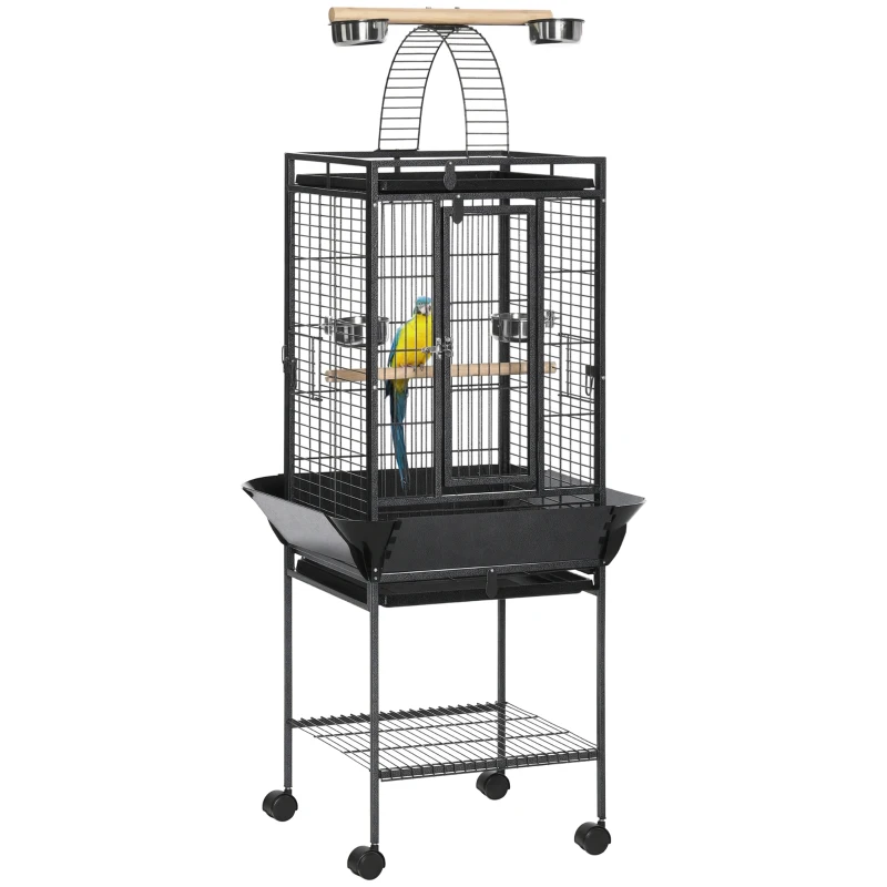 PawHut 156cm Bird Cage,Large Parrot Cage with Open Play Top, Perch, Seed Guard, Wheels, Storage Shelf, Dark Grey
