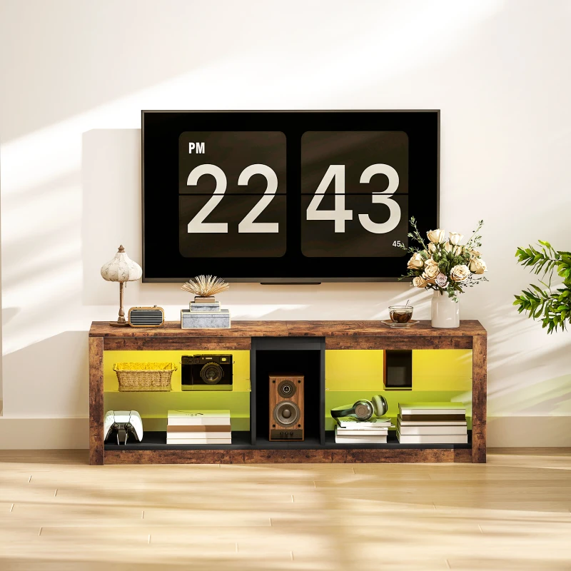 HOMCOM TV Stand Cabinet with LED Lights and Remote Control for TVs up to 65", Entertainment Centre with Storage Shelves and Compartment, Rustic Brown