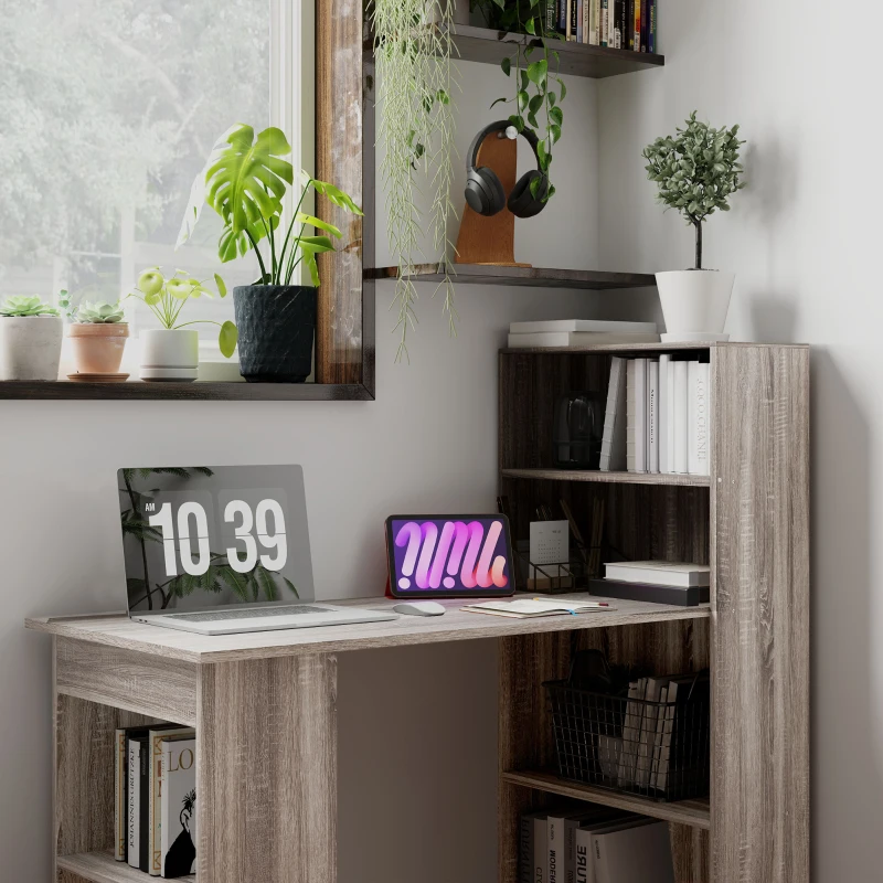 HOMCOM 120cm Computer Desk, Wooden PC Laptop Table with 6-Tier Storage Bookshelves, Home Office Working Study Desk, Writing Workstation, Grey