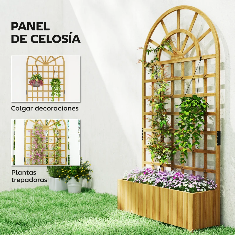Outsunny Jardinera con Enrejado de Madera con Drenaje para Cultivos Verduras Flores Hierbas 90x30x180 cm Natural