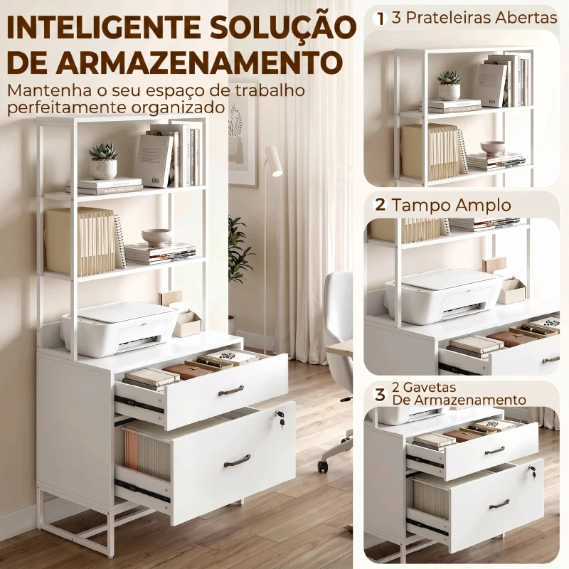 HOMCOM Arquivador com Prateleiras Móvel de Escritório com Prateleiras Gaveta para Arquivos A4 e Carta e Suporte para Impressora 70x40x157 cm Branco