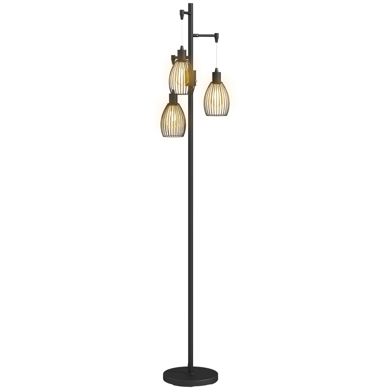 HOMCOM 3-Light LED Floor Lamp, 170cm Industrial Dimmable Standing Lamp with Steel Wire Cage Lampshades, 2700K for Living Room, Bedroom, Dining Room, Study, Black