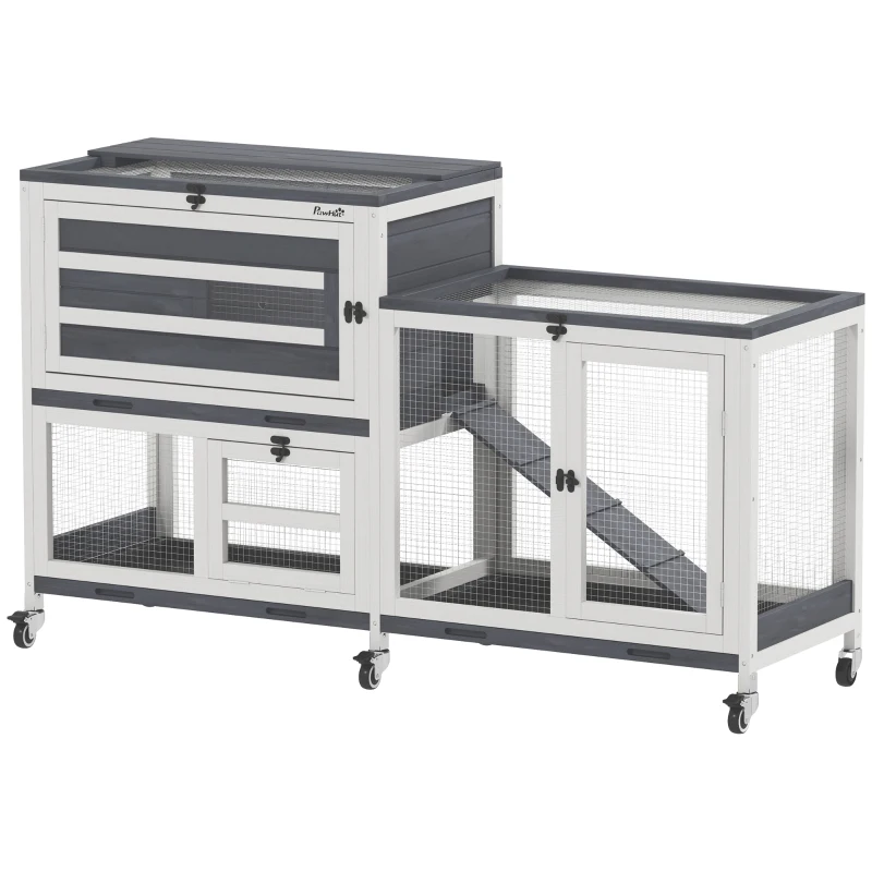 PawHut Wooden Rabbit Hutch w/ Run, 2-Tier Guinea Pig Hutch with Run, Wheels, 3 Plastic Trays, 2 Openable Tops, for 2-3 Rabbits