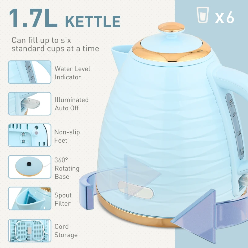 HOMCOM 3000W 1.7L Kettle & 4 Slice Toaster, Kettle and Toaster Set with 7 Browning Controls and Crumb Tray, Light Blue