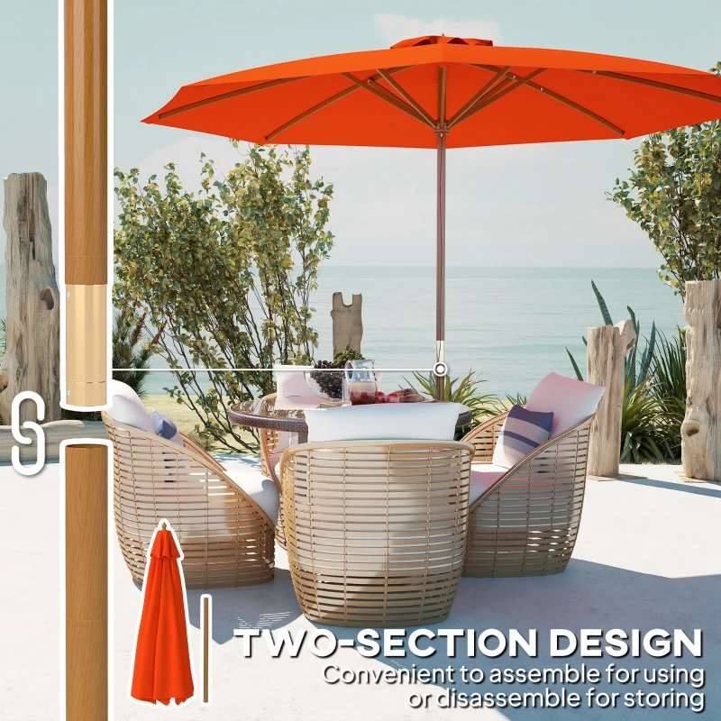 Outsunny 3m Wood Pole Parasol Umbrella - Orange