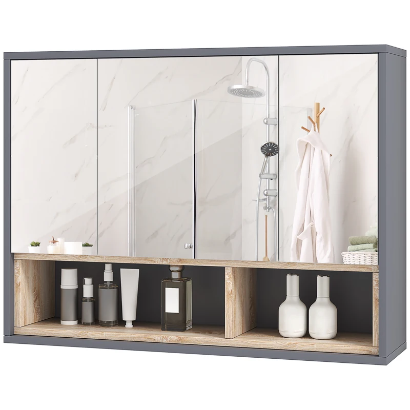 HOMCOM Bathroom Mirror Cabinet, Wall Mounted Bathroom Cabinet with Mirror, 3 Doors and Cupboards, Grey