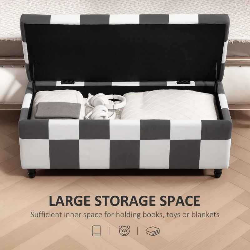 HOMCOM Storage Ottoman, Storage Bench with Wood Legs, Footstool, Footrest with Velvet Surface for Bedroom, Hallway, Living Room, 114 x 47 x 47 cm, Dark Grey and White