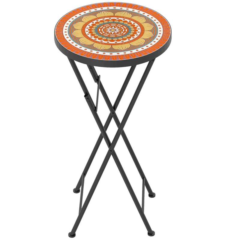 Outsunny Mosaic Outdoor Garden Table, 35.5cm Round Folding Coffee Table with Metal Frame for Balcony Terrace, Orange