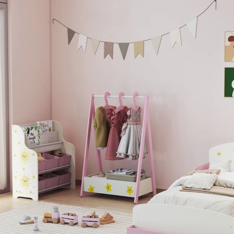AIYAPLAY Baby Clothing Rack with Hangers, Storage Shelf for Bedroom, Star Theme, for Ages 3-6, Pink