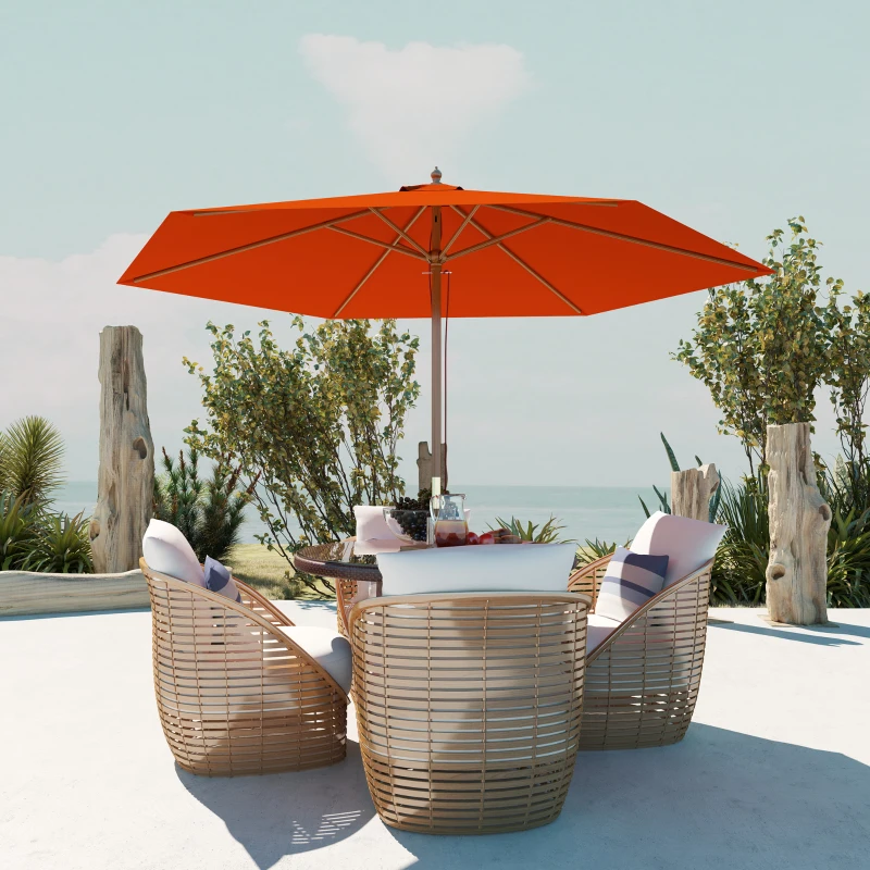 Outsunny 2.5m Wood Garden Parasol Sun Shade Patio Outdoor Wooden Umbrella Canopy, Table Market Umbrella with Vent, 38mm Pole, Rope Pulley Mechanism, Orange