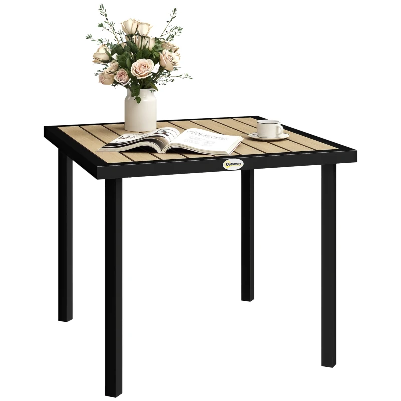 Outsunny Square Garden Dining Table with 5.4cm Parasol Hole, Slatted Top, Metal Frame, 86 x 86 x 71cm, Brown