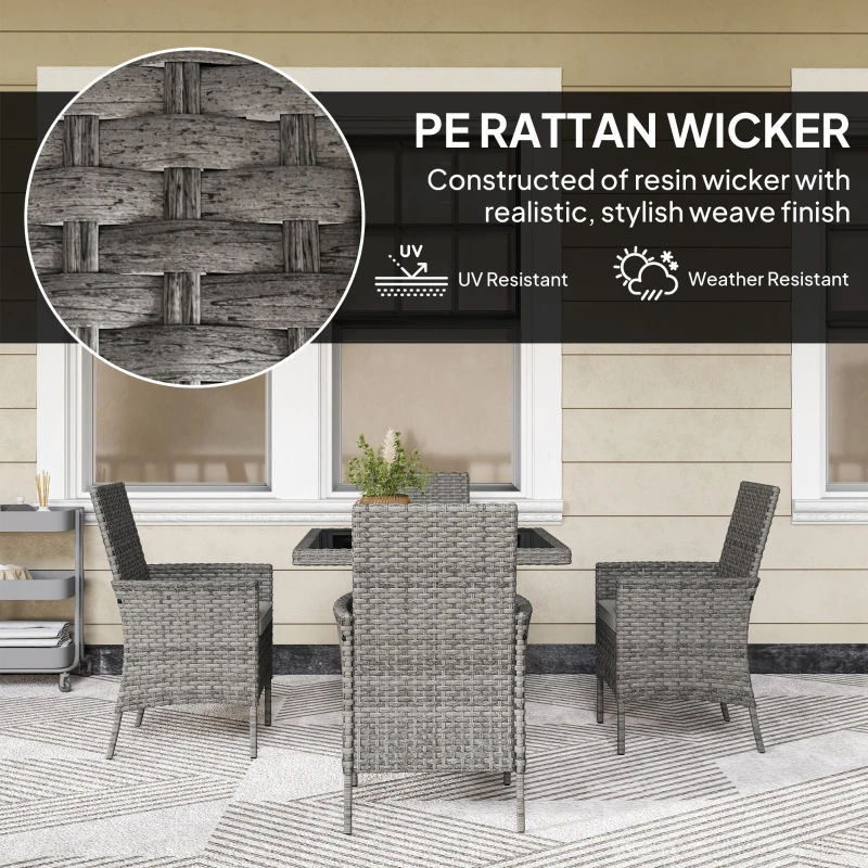 Outsunny Rattan Garden Furniture Set, Outdoor Dining Table and Chairs 4 Seater with Cushions, Square Tempered Glass Top, 4 Armchairs, for Balcony, Terrace, Conservatory, Grey