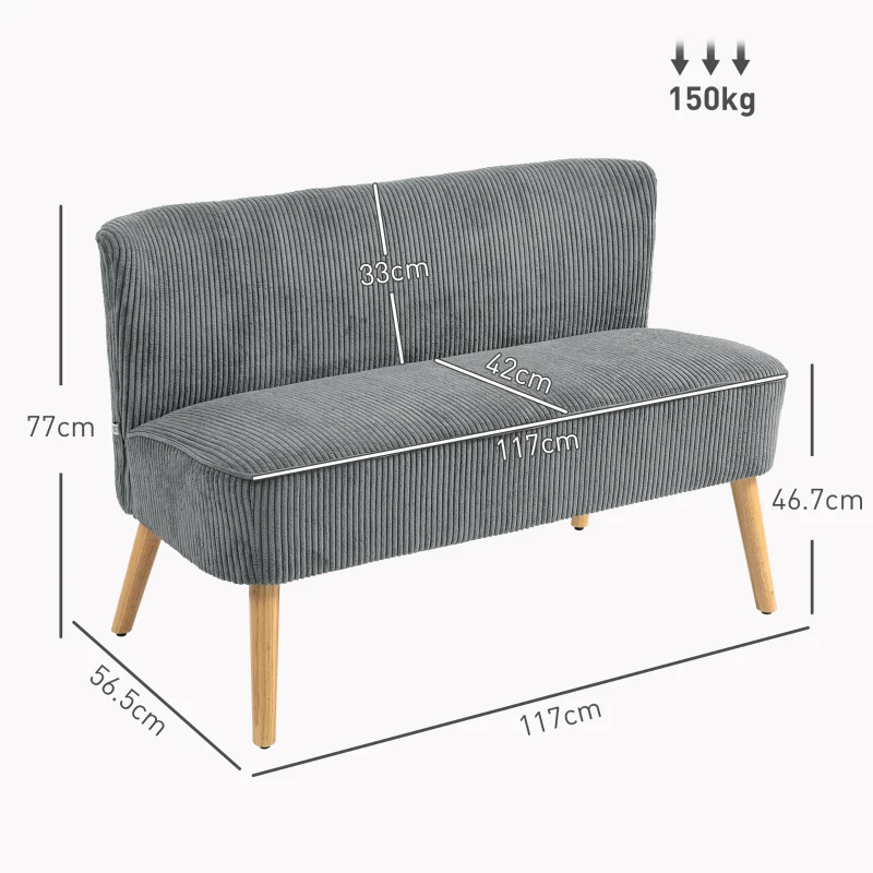 HOMCOM Modern Corduroy Double Seat Sofa w/ Wood Frame Foam Padding Soft Comfortable Compact Couch Grey