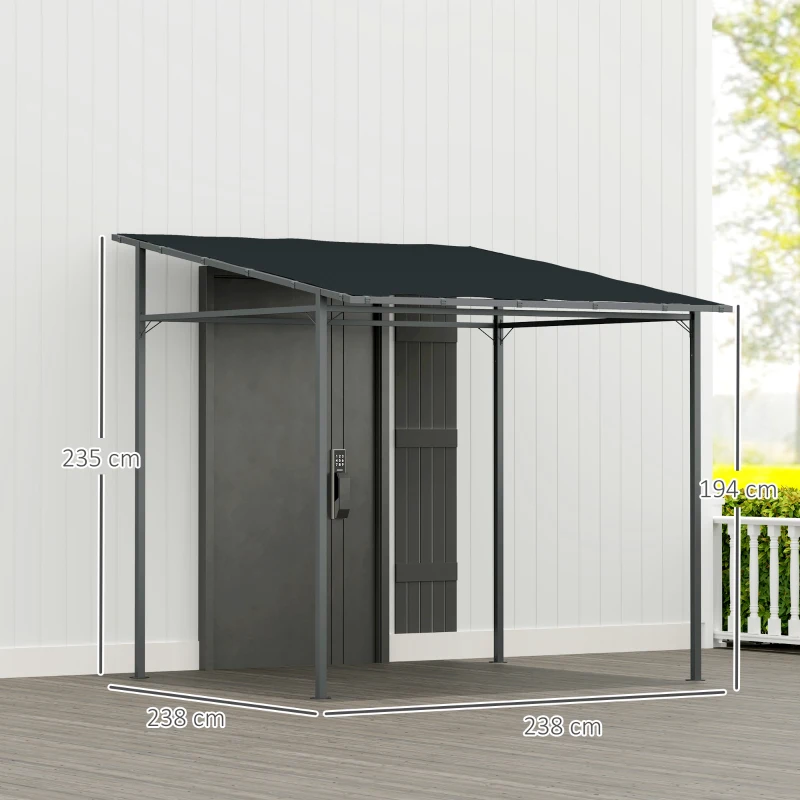 Outsunny 2.4 x 2.4 m Wall Mounted Pergola Gazebo with PA Coating Fabric and Metal Frame, UPF30+, Lean to Garden Gazebo, Wind Resistant Outdoor Sun Shade Shelter for Garden, Deck, Dark Grey