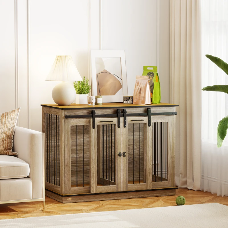 PawHut Dog Crate Furniture for Large Dogs, Double Dog Cage for Small Dogs w/ Sliding Doors, Oak Tone