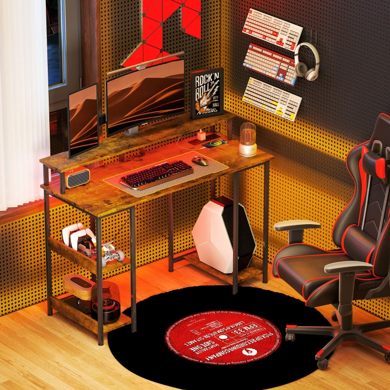 HOMCOM LED Computer Desk, with Power Outlets and Shelves - Rustic Brown