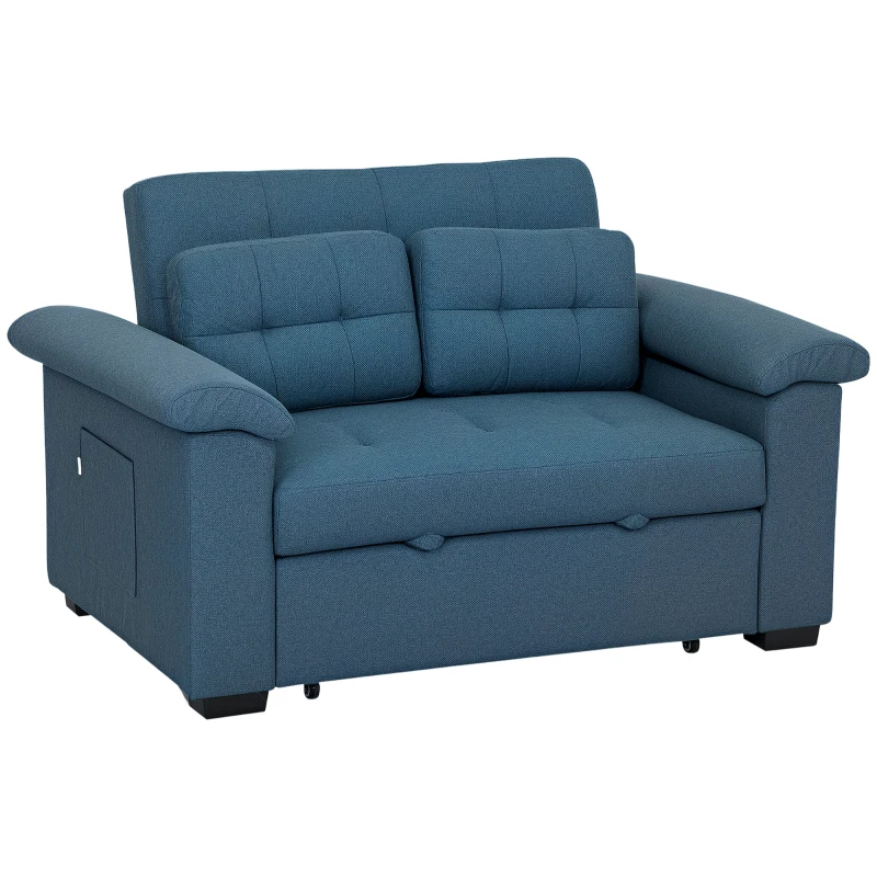 HOMCOM Pull Out Sofa Bed, Fabric 2 Seater Click Clack Sofa Bed Settee with 2 Pocket Springs, Convertible Sofa Couch with Pillows and Side Pockets for Living Room, Home Office, Blue