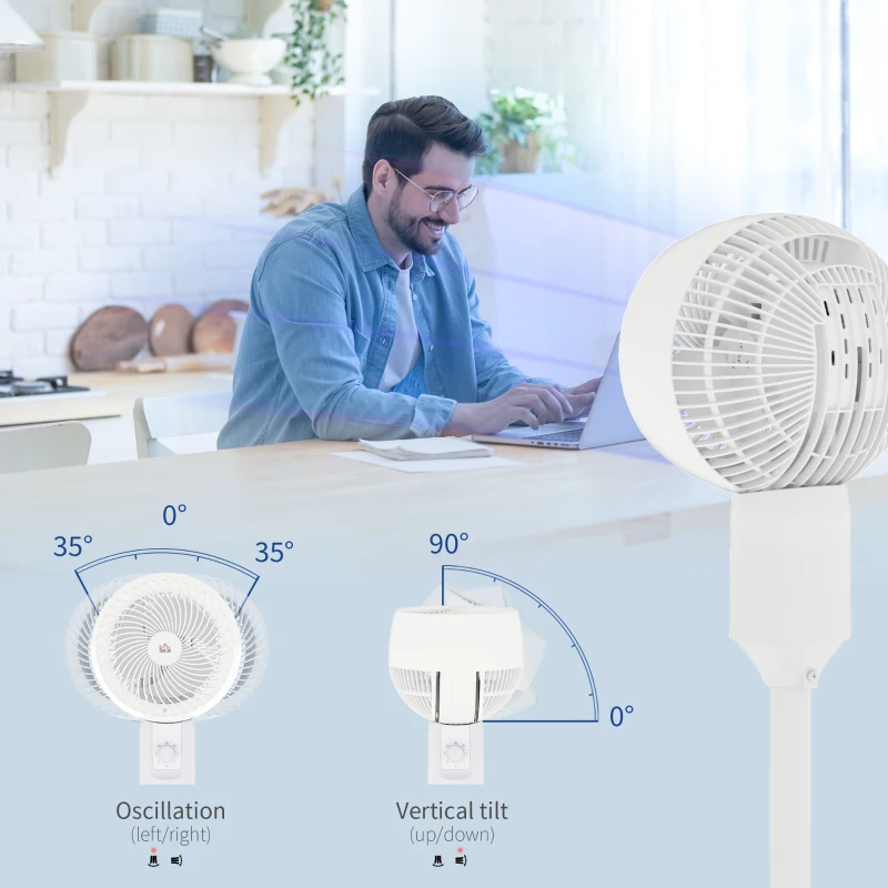 HOMCOM 32" Pedestal Fan, 70° Oscillating 90° Vertical Tilt Air Circulator with 3 Speeds, Standing Fan for Home Office, Bedroom, White