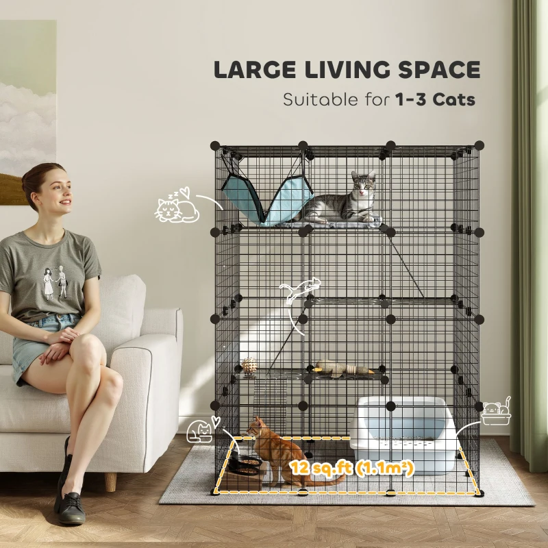 PawHut Steel Wire Cat Cage Indoor with Hammock, Ramps, Doors, DIY Cat Enclosure for 1-3 Cats, Black