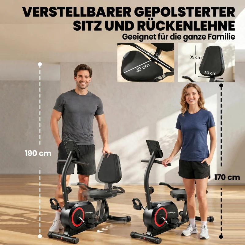 SPORTNOW Liegeergometer für Zuhause mit 8 verstellbar Widerstandsstufe Magnetbremse APP Pulssensor LCD-Display Fußriemen