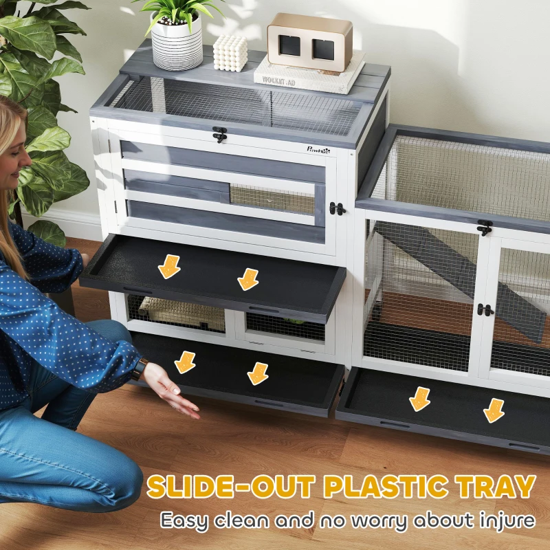 PawHut Wooden Rabbit Hutch w/ Run, 2-Tier Guinea Pig Hutch with Run, Wheels, 3 Plastic Trays, 2 Openable Tops, for 2-3 Rabbits