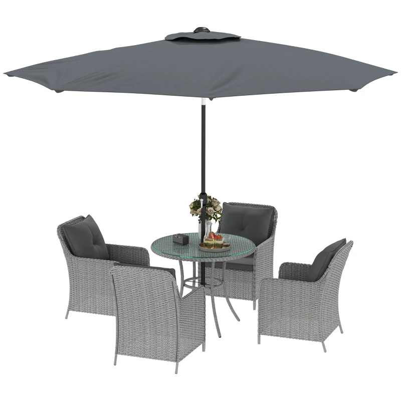 Outsunny 4 Seater Rattan Dining Set with Parasol & Cushions - Light Grey