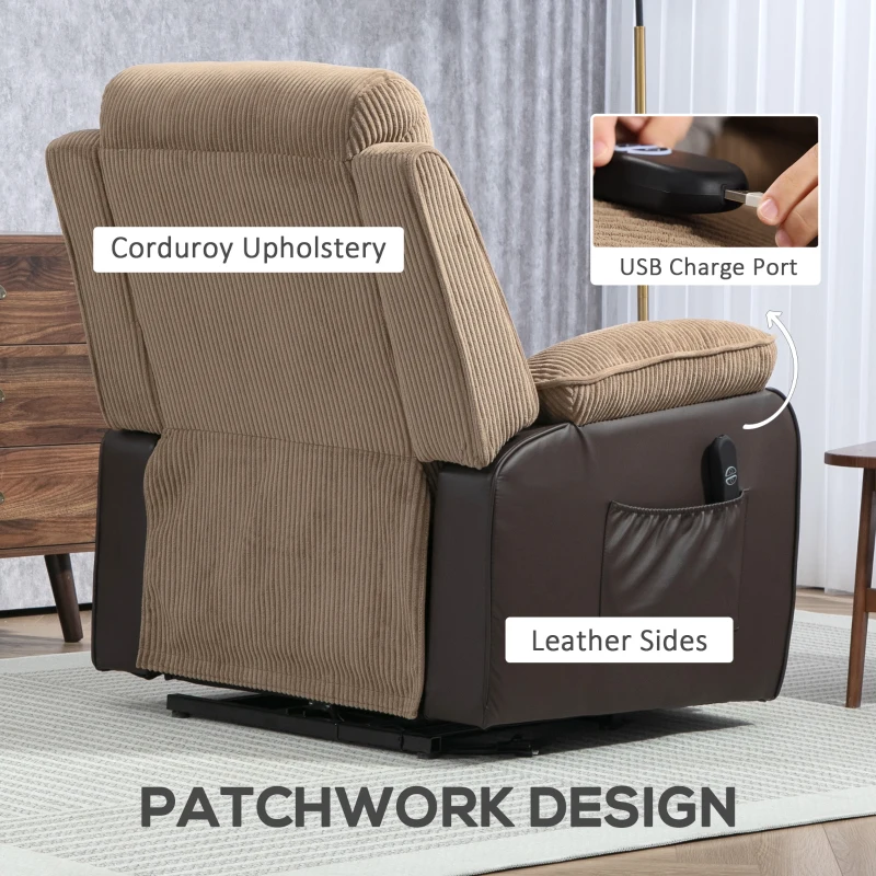 HOMCOM Overstuffed Corduroy Electric Lift Recliner Chair - Brown