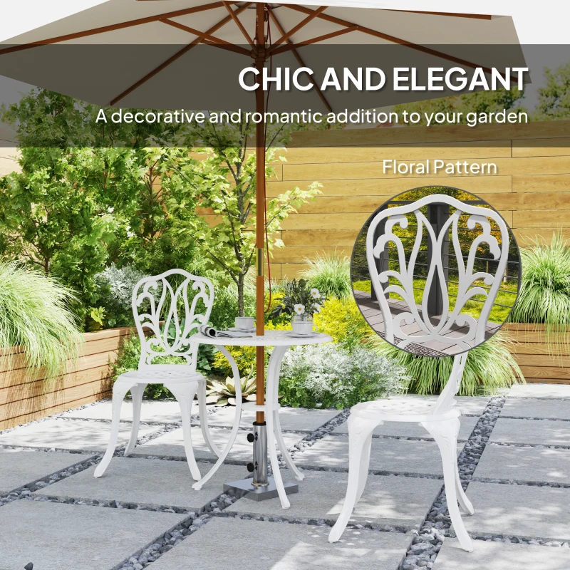 Outsunny 3 Piece Garden Bistro Set, Cast Aluminium Outdoor Furniture Set with Umbrella Hole for Balcony, Porch, Patio, White