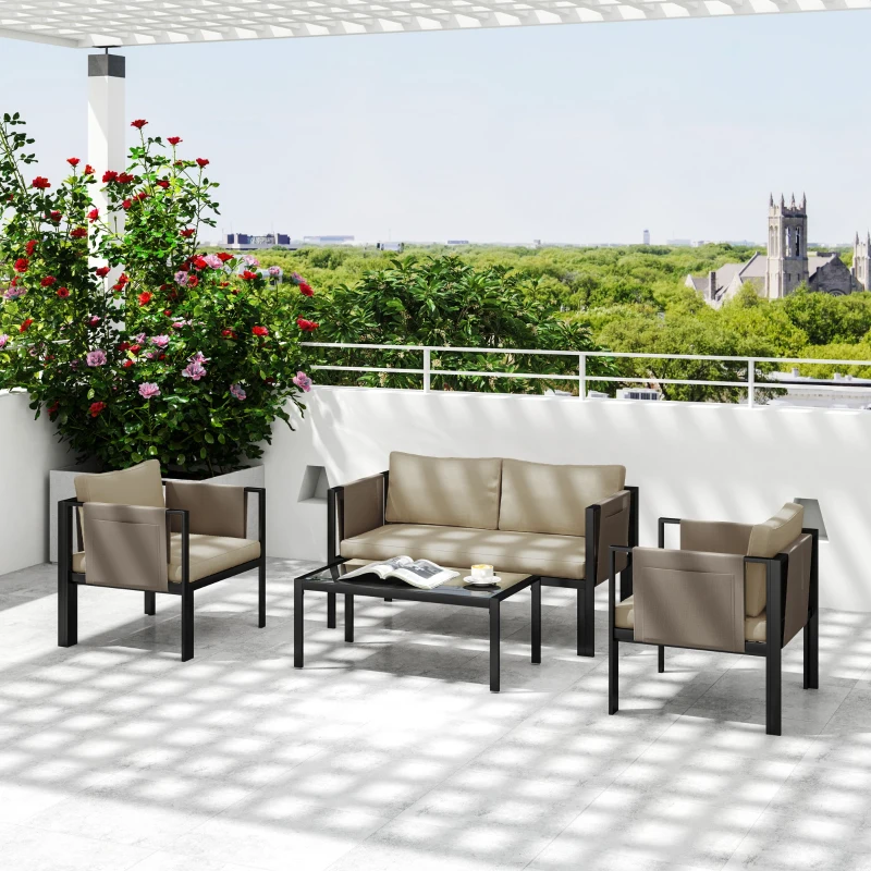 Outsunny 4 Piece Metal Garden Furniture Set with Tempered Glass Coffee Table, Texteline Pocket, Outdoor Set Loveseat Single Armchairs with Padded Cushions, Khaki