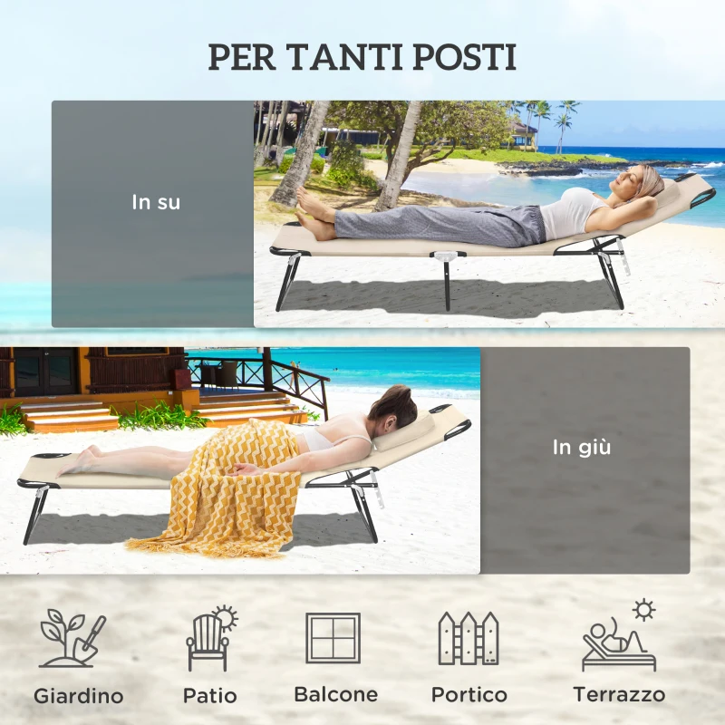 Outsunny Lettino Prendisole Pieghevole con Foro per il Viso Imbottito e Schienale Reclinabile, Beige