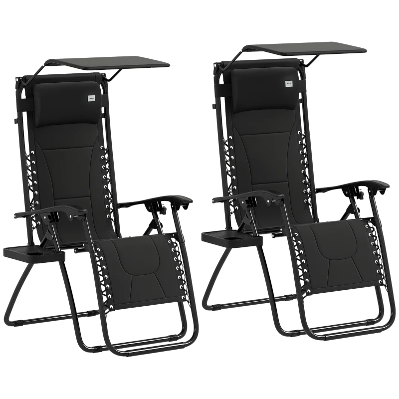 Outsunny Zero Gravity Lounger Chair Set of 2, Folding Reclining Patio Chair with Shade Cover, Padded Seat, Cup Holder, Soft Cushion and Headrest for Poolside, Camping, Black