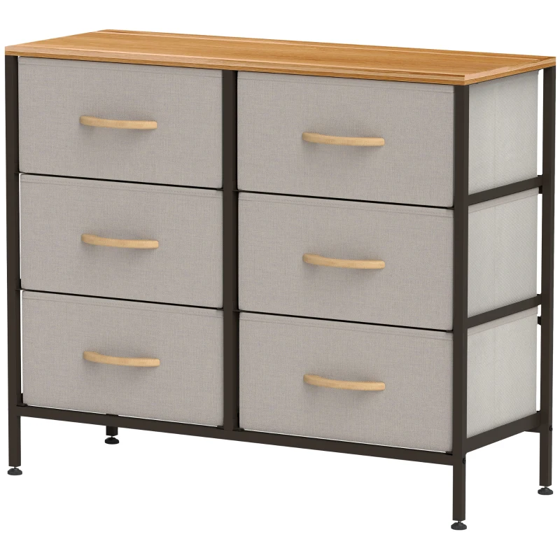 HOMCOM Fabric Chest of Drawers, Industrial Bedroom Dresser with 6 Fabric Drawers, Steel Frame and Wooden Top for Nursery, Living Room, Hallway, Cream White