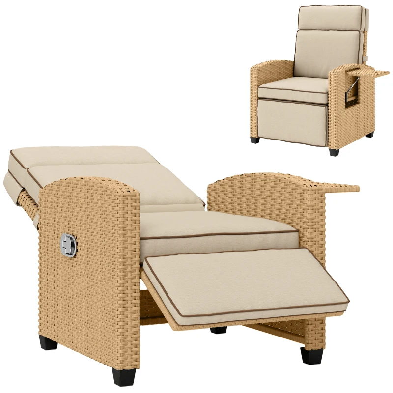 Outsunny 145° Reclining Rattan Armchair, with Footrest - Khaki/Beige