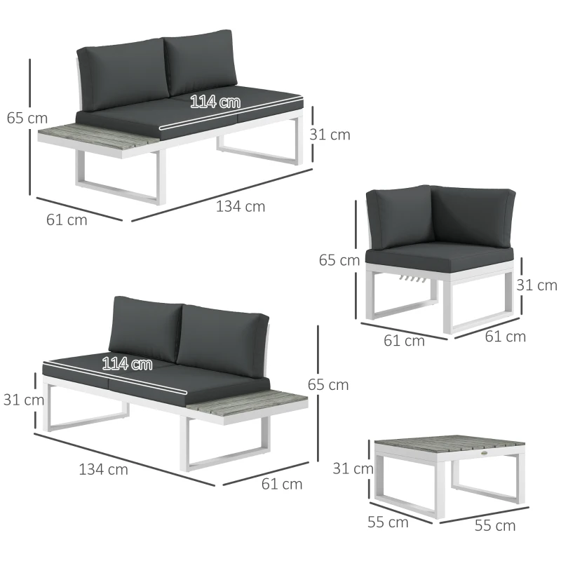 Outsunny 4 Pieces Garden Furniture Set, 5-Level Reclining Garden Corner Sofa Set, Outdoor Lounge Conversation Sectional with Cushions, Wood Effect Plastic Table, White Frame & Grey Cushion