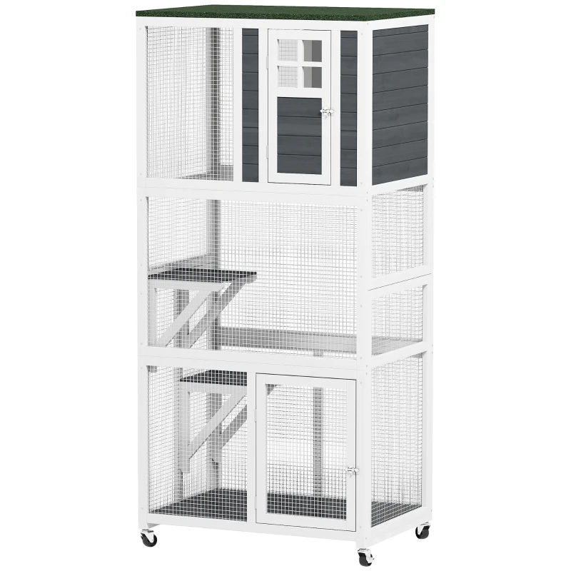 PawHut Wooden Catio Cat Outdoor Enclosure, Cat Cage with Waterproof Roof, Platforms, for Multiple Cats, White