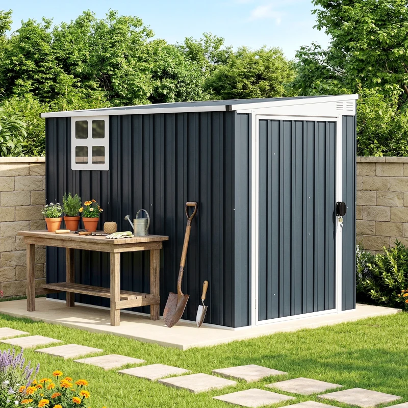Outsunny 7.6 x 4ft Garden Metal Shed, Outdoor Storage Shed with Window, 2 Vents and Lockable Door for Garden, Patio, Dark Grey