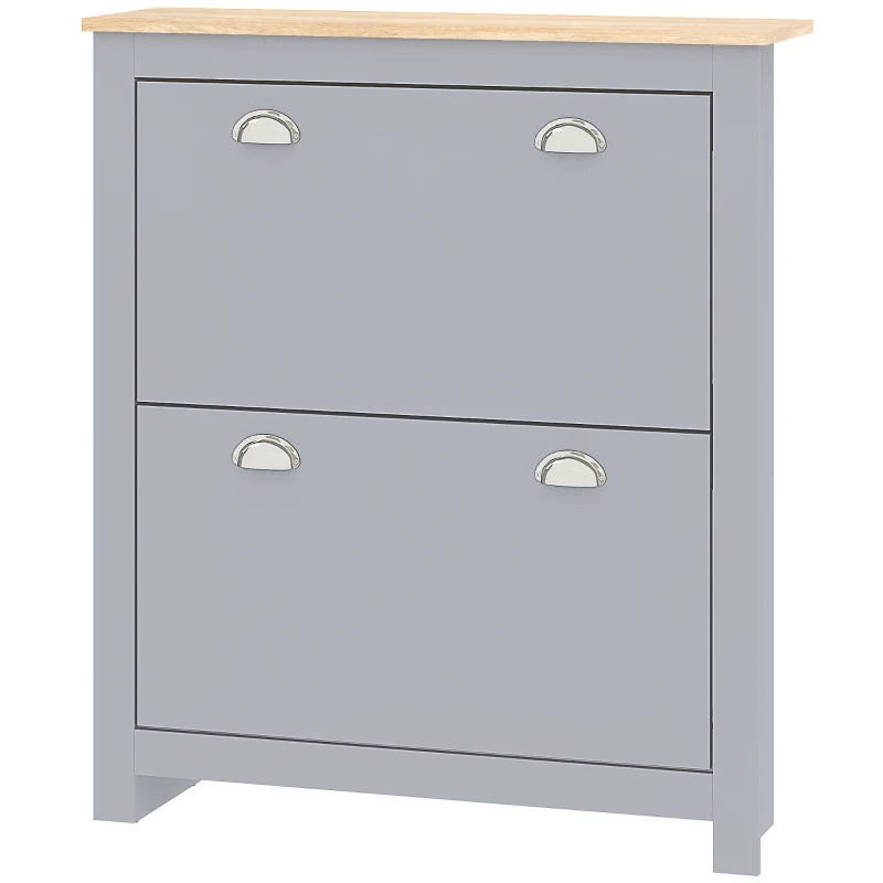 HOMCOM 2 Drawer Shoe Cabinet Modern Narrow Shoe Cupboard Hallway Wooden Storage Organiser with Flip Doors Adjustable Shelf for 6-12 Pairs, Grey